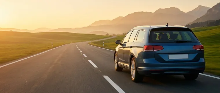 Kombi auf einer europäischen Autobahn im warmen Abendlicht