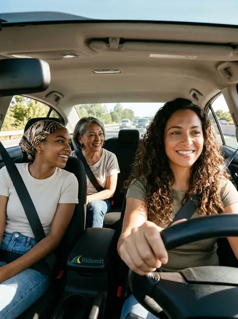 Drei Frauen in einem Auto bei Tageslicht, angeschnallt